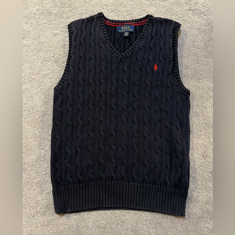 Polo Ralph Lauren Boys Cable Sweater Vest Tank size M 10-12 navy blue